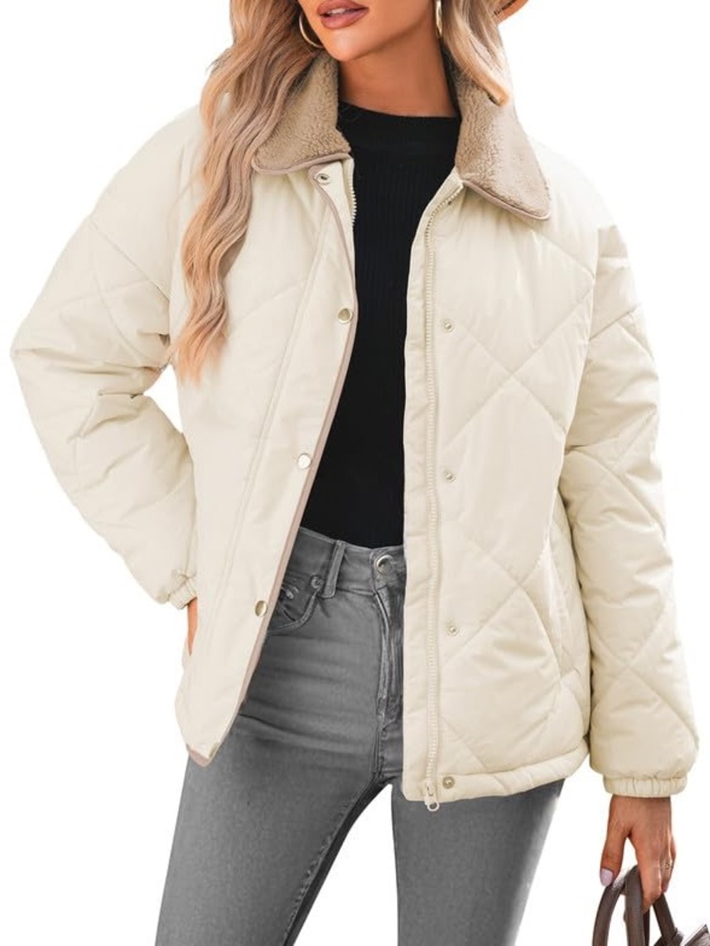 Dokotoo Women’s Casual Diamond Quilted Cream Jacket with Sherpa Collar Size M